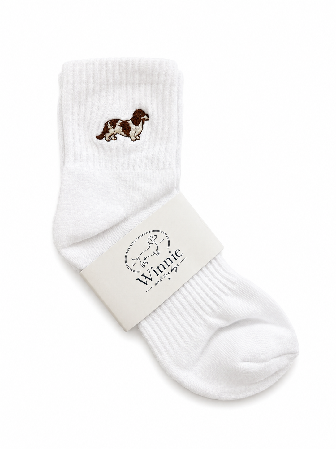 Embroidered Piebald Doxie Socks